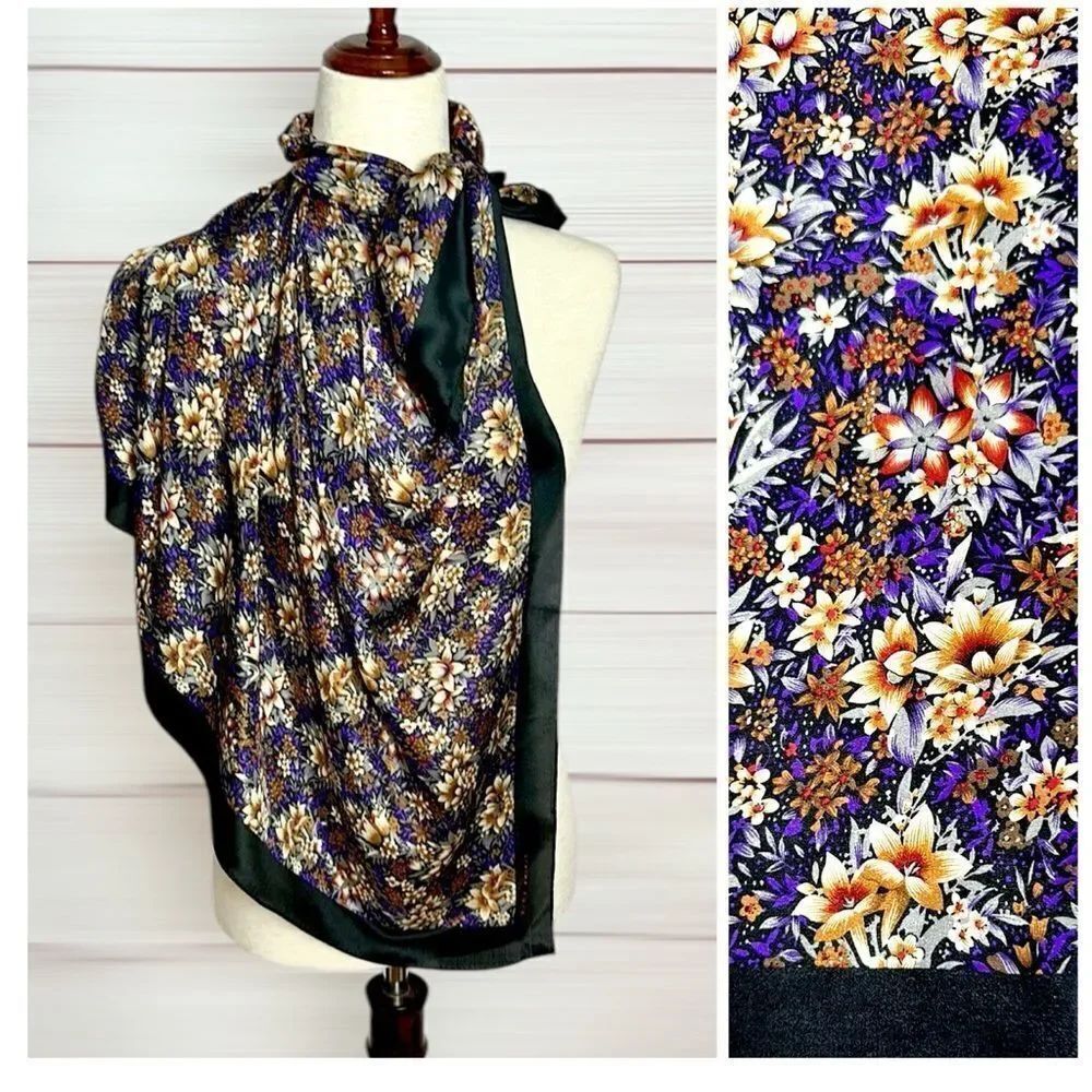 Elaine Gold for Collection XIIX Silk Square Scarf Floral Purple Tan Ivory Japan